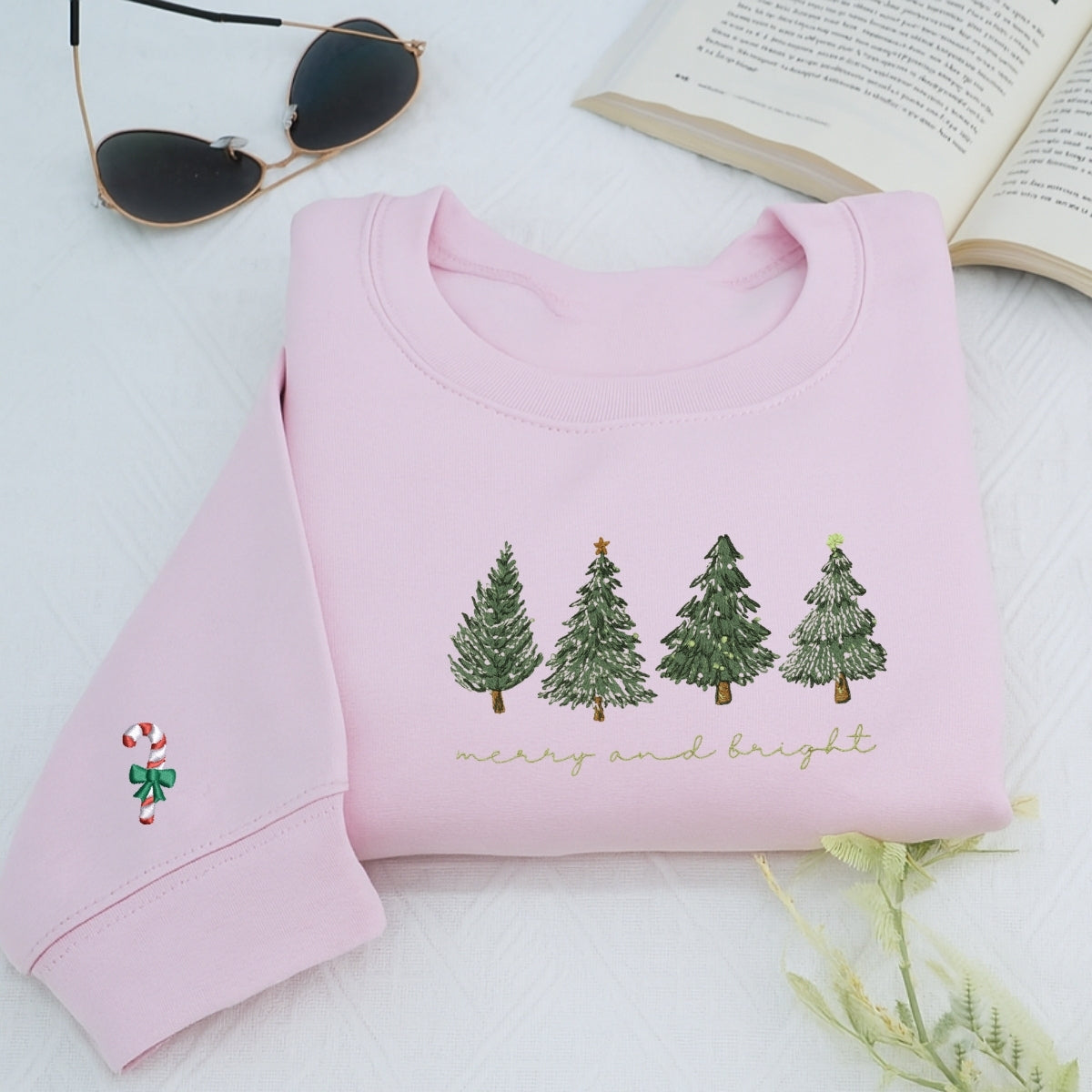 Merry & Bright Christmas Tree Custom Embroidered Sweatshirt - Cozy Holiday Personalized Gift
