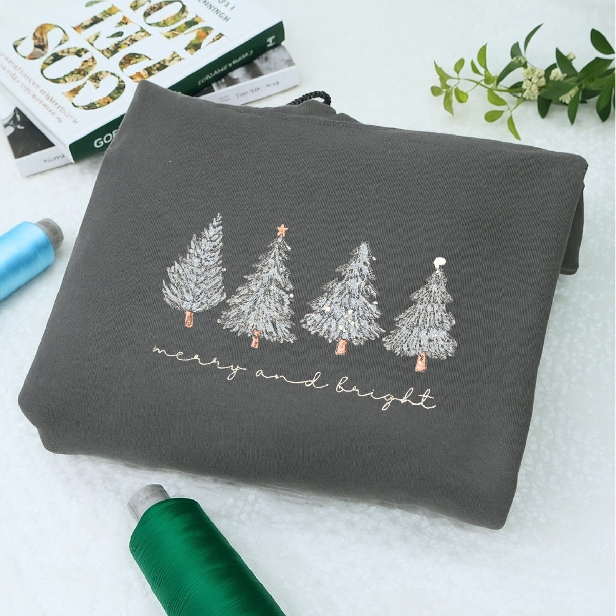 Merry & Bright Christmas Tree Custom Embroidered Sweatshirt - Cozy Holiday Personalized Gift
