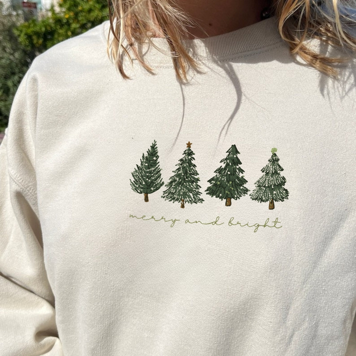 Merry & Bright Christmas Tree Custom Embroidered Sweatshirt - Cozy Holiday Personalized Gift