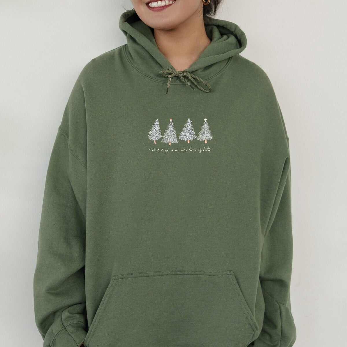 Merry & Bright Christmas Tree Custom Embroidered Sweatshirt - Cozy Holiday Personalized Gift