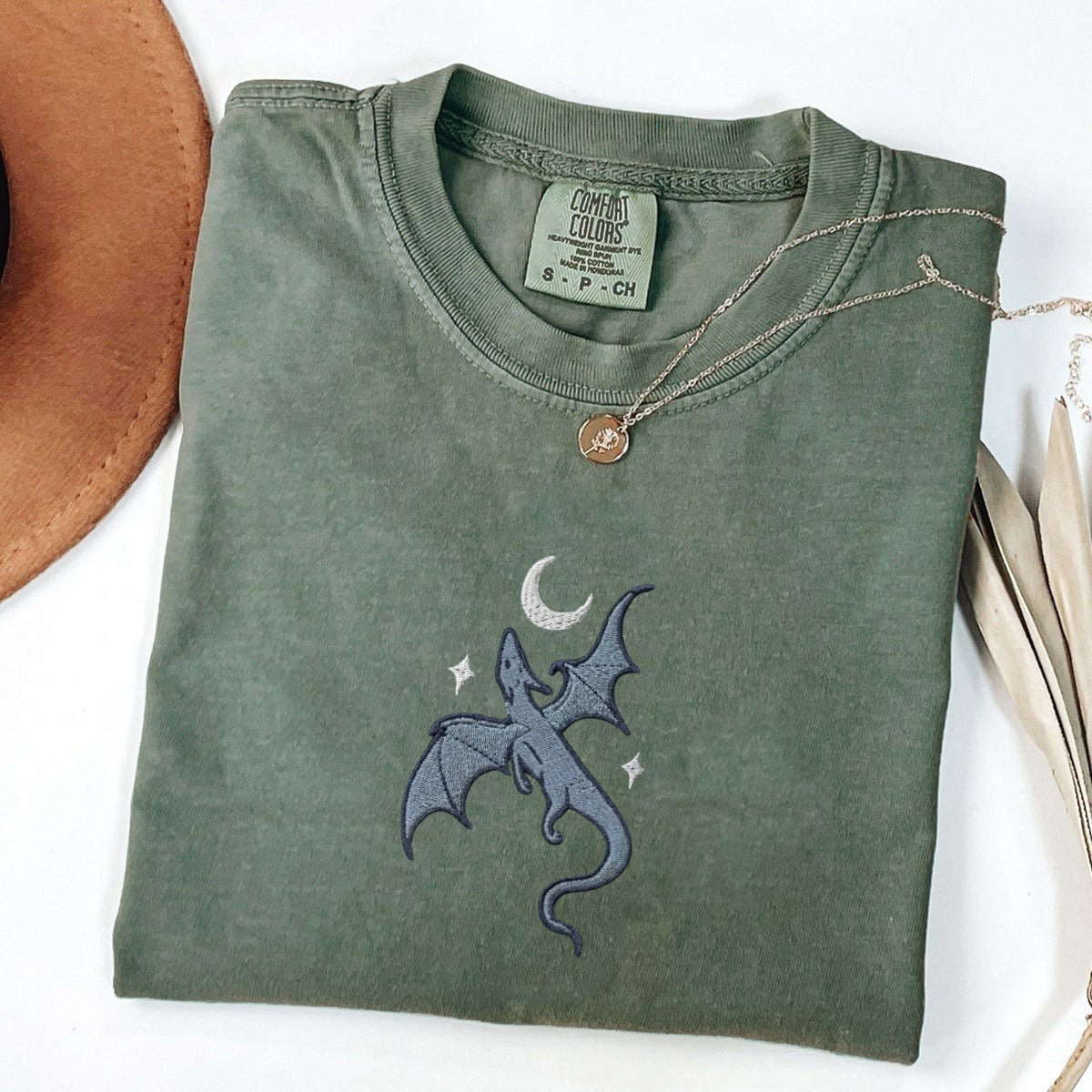 Moon and Dragon Custom Embroidered T-Shirt - Fantasy Book Lover Personalized Tee