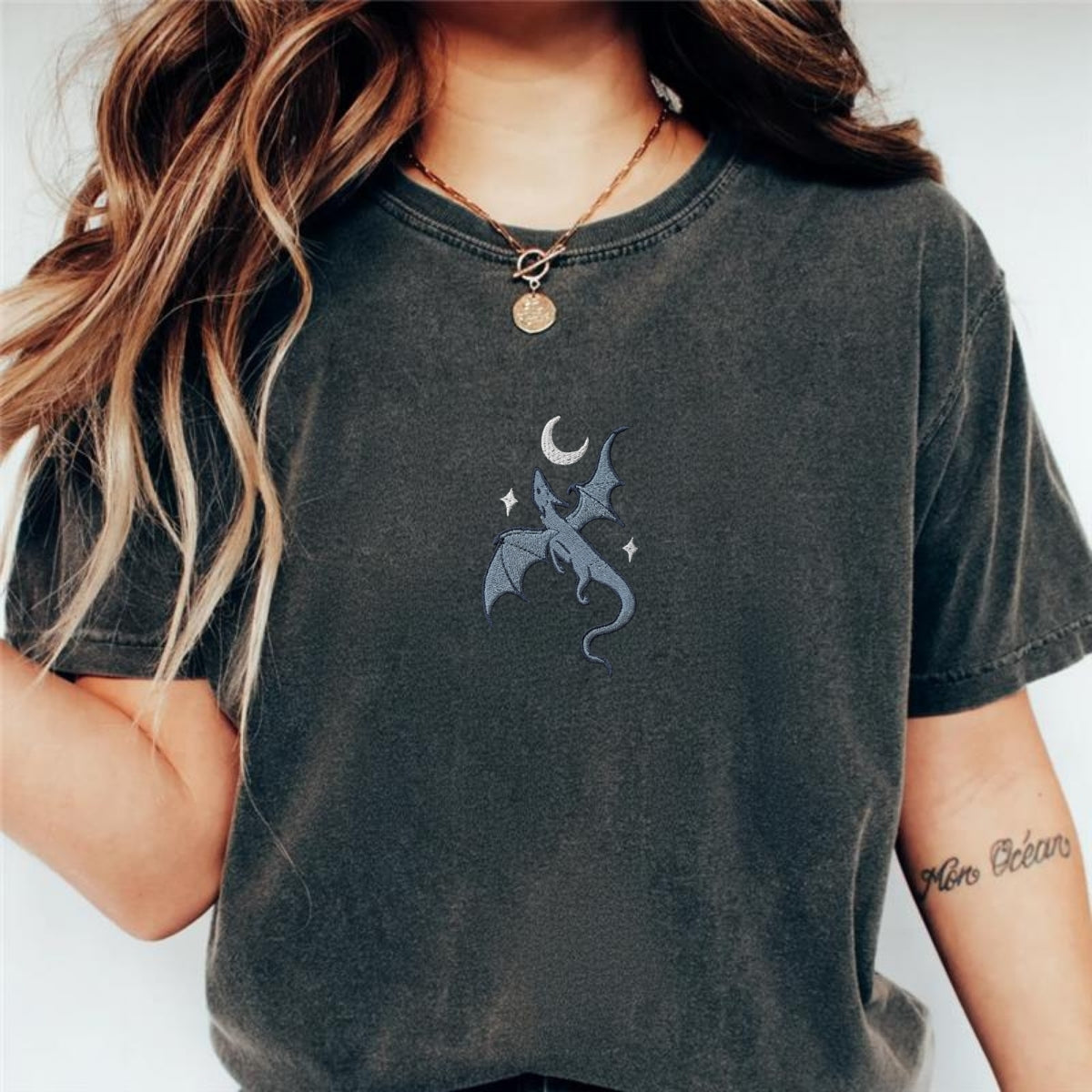 Moon and Dragon Custom Embroidered T-Shirt - Fantasy Book Lover Personalized Tee