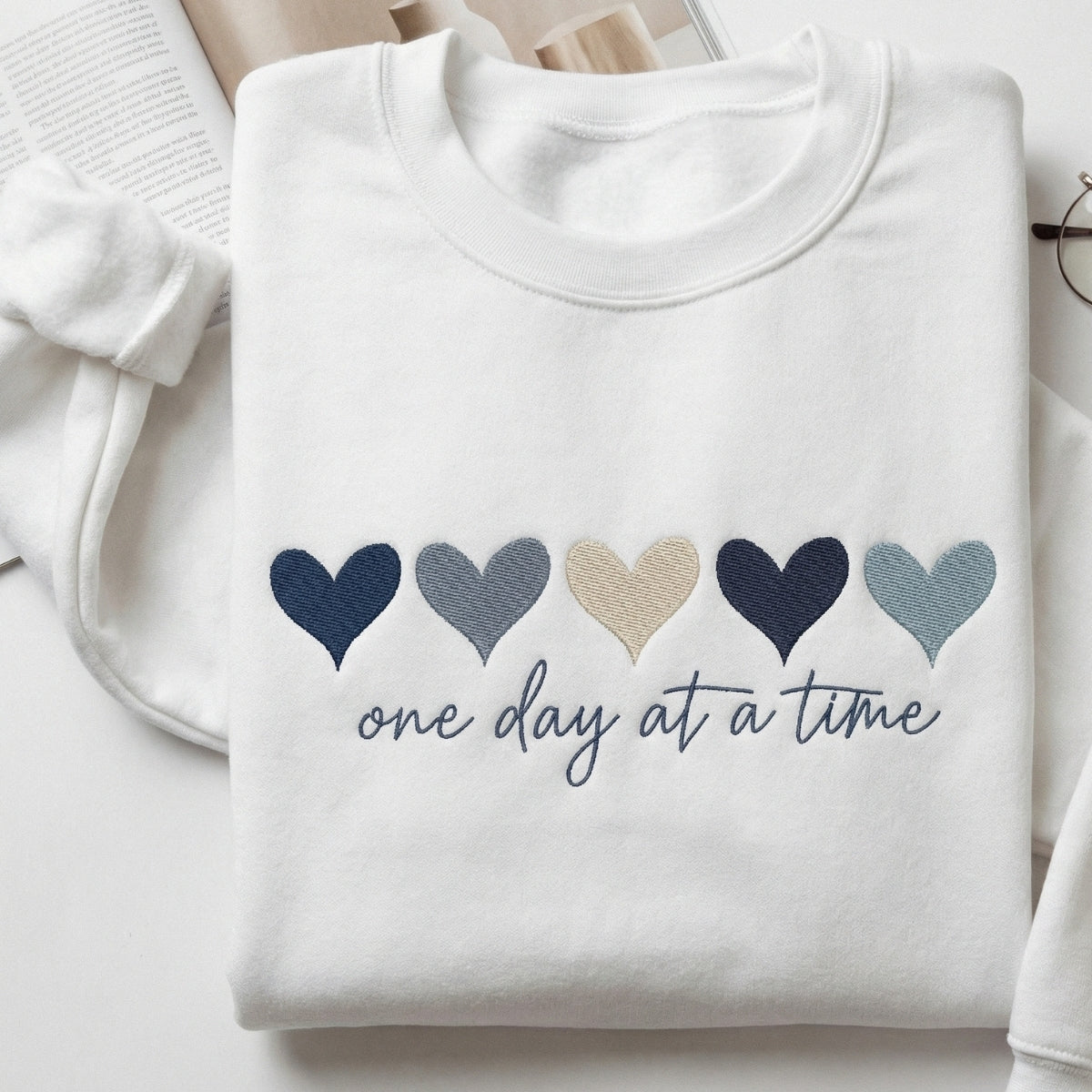 One Day At A Time Custom Embroidered Sweatshirt - Hearts Hoodie Personalized Valentine's Day Gift