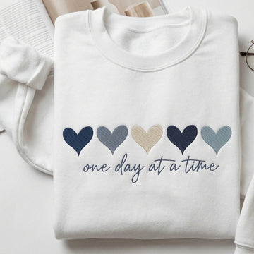 One Day At A Time Custom Embroidered Sweatshirt - Hearts Hoodie Personalized Valentine's Day Gift