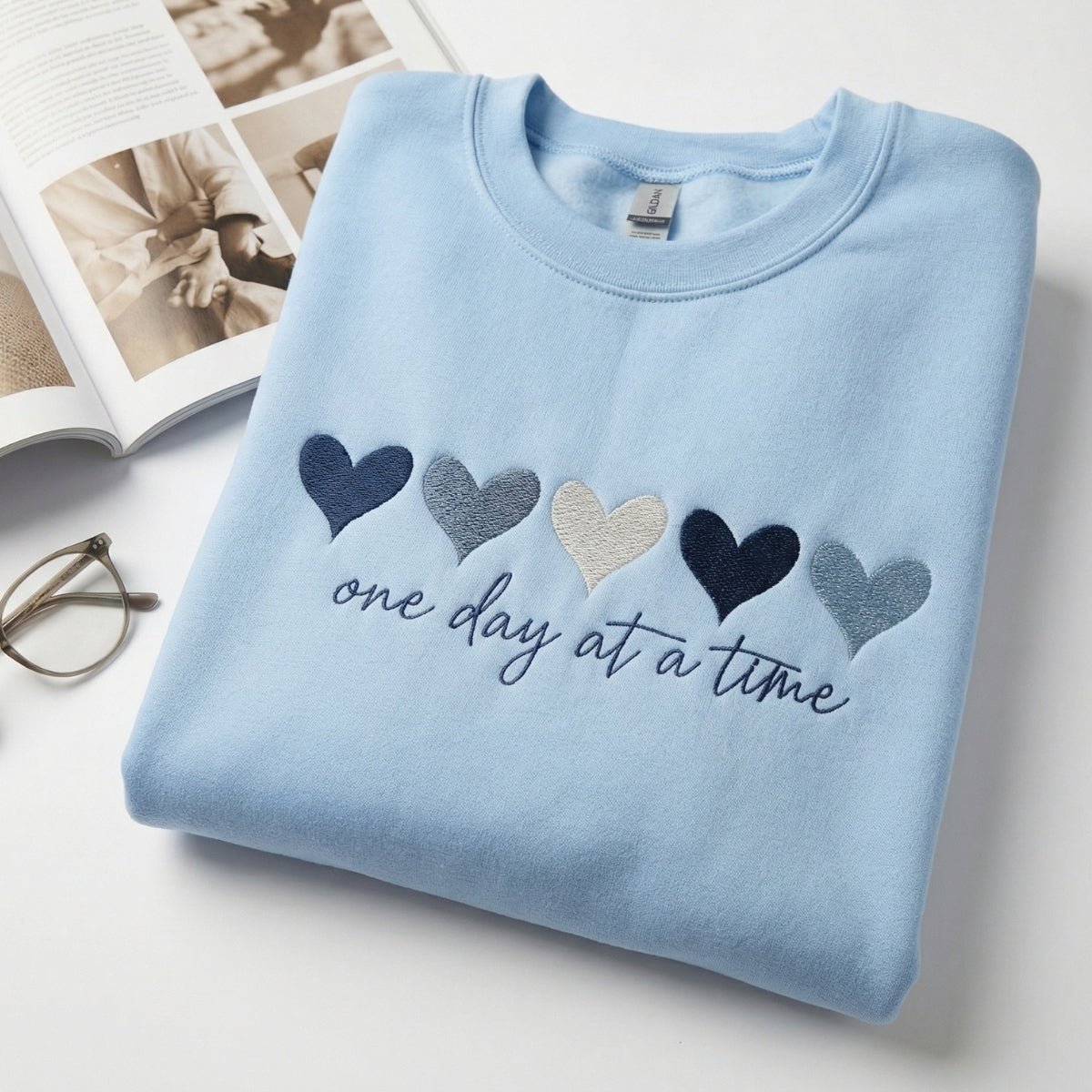 One Day At A Time Custom Embroidered Sweatshirt - Hearts Hoodie Personalized Valentine's Day Gift