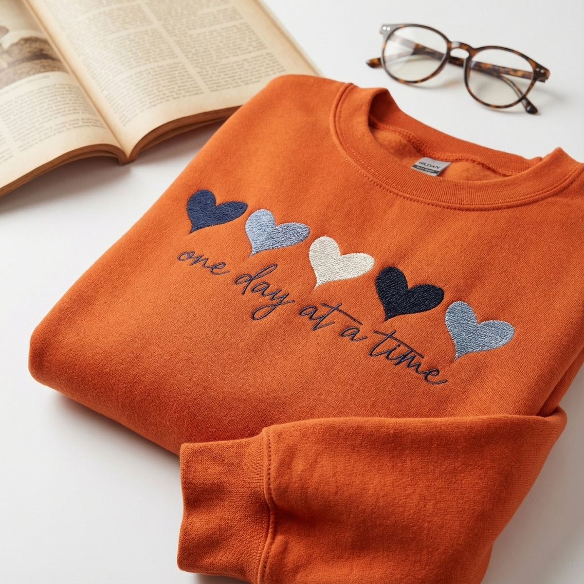 One Day At A Time Custom Embroidered Sweatshirt - Hearts Hoodie Personalized Valentine's Day Gift