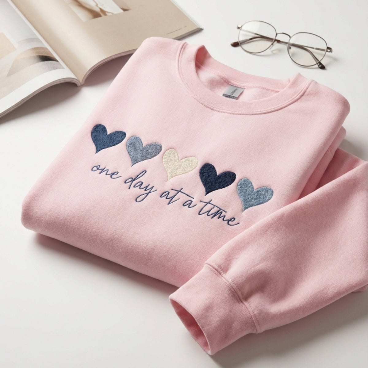 One Day At A Time Custom Embroidered Sweatshirt - Hearts Hoodie Personalized Valentine's Day Gift