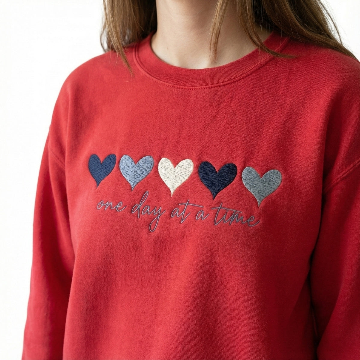 One Day At A Time Custom Embroidered Sweatshirt - Hearts Hoodie Personalized Valentine's Day Gift