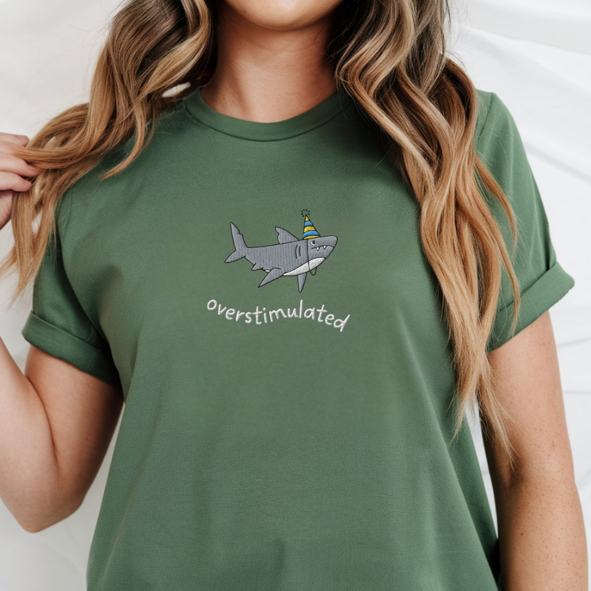 Party Hat Shark Custom Embroidered T-Shirt - Funny Weirdcore Summer Personalized Tee