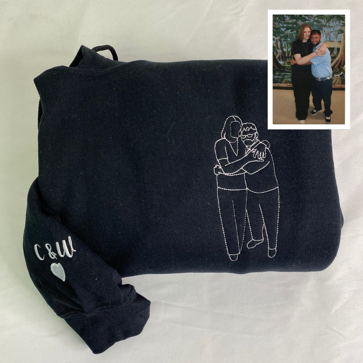 Custom Embroidered Photo Hoodie - Personalized Couple Portrait Sweatshirt Unique Gift