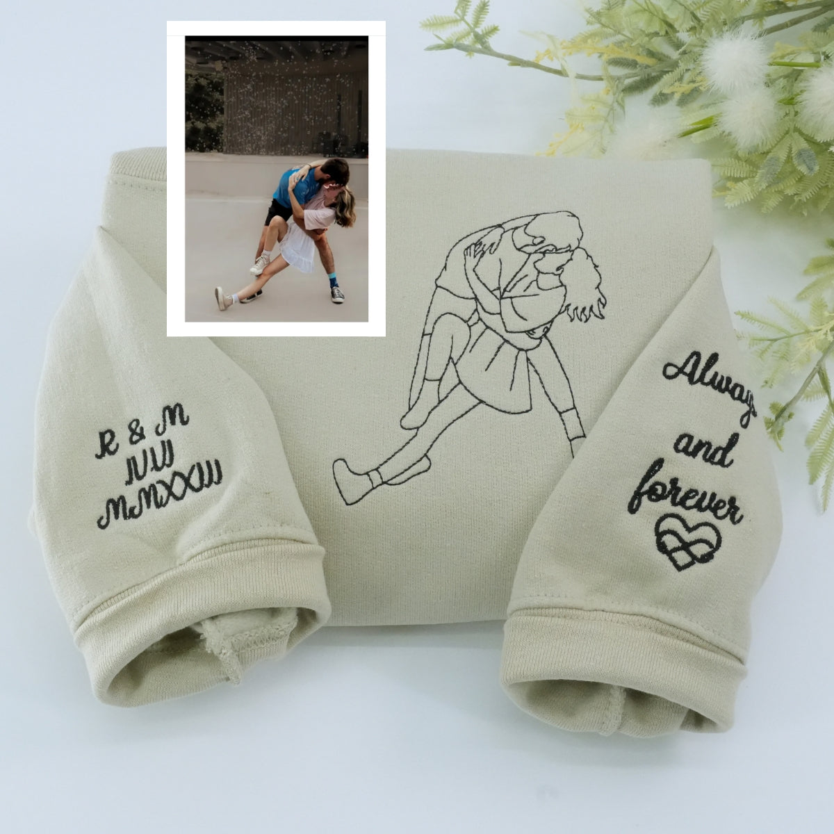 Custom Embroidered Photo Hoodie - Personalized Couple Portrait Sweatshirt Unique Gift