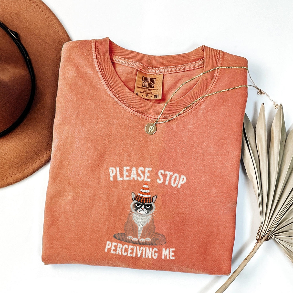 Please Stop Perceiving Me Custom Embroidered T-Shirt - Funny Cat Personalized Introvert Gift