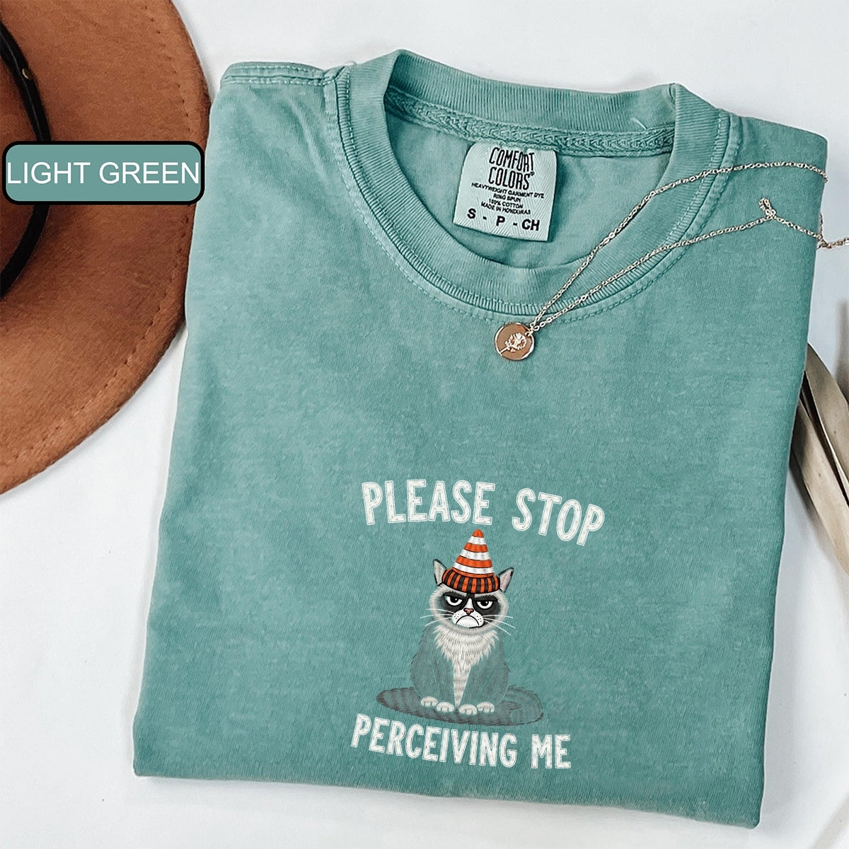 Please Stop Perceiving Me Custom Embroidered T-Shirt - Funny Cat Personalized Introvert Gift