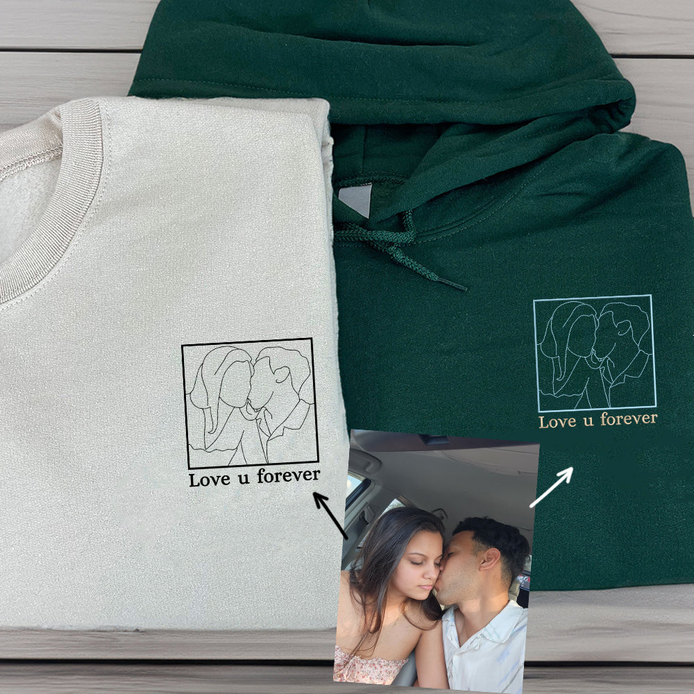 Custom Embroidered Couple Portrait Sweatshirt - Personalized Photo Outline Hoodie