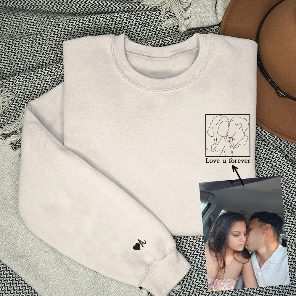 Custom Embroidered Couple Portrait Sweatshirt - Personalized Photo Outline Hoodie