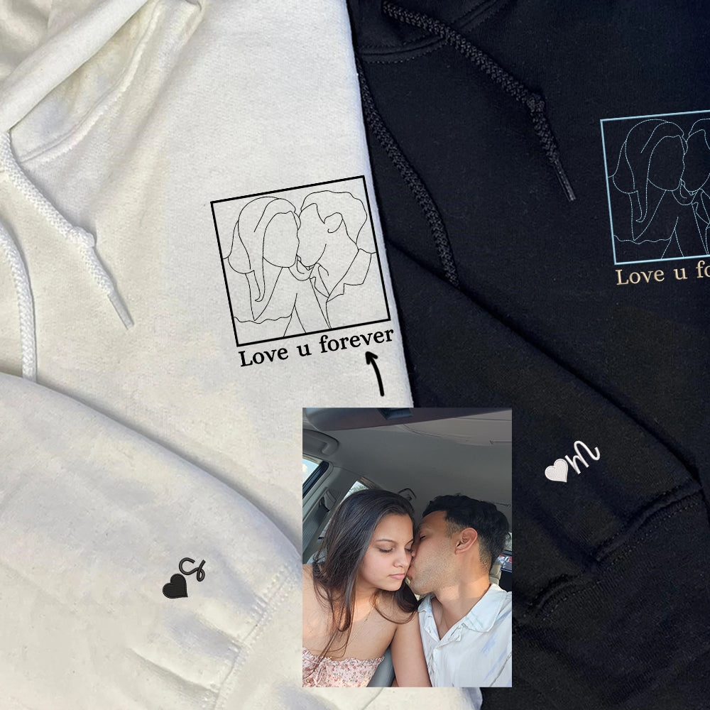 Custom Embroidered Couple Portrait Sweatshirt - Personalized Photo Outline Hoodie