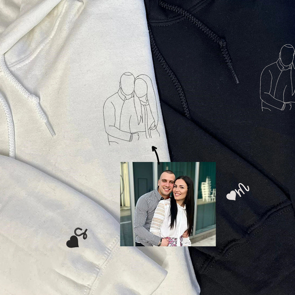 Custom Embroidered Couple Portrait Sweatshirt - Personalized Line Art Photo Hoodie