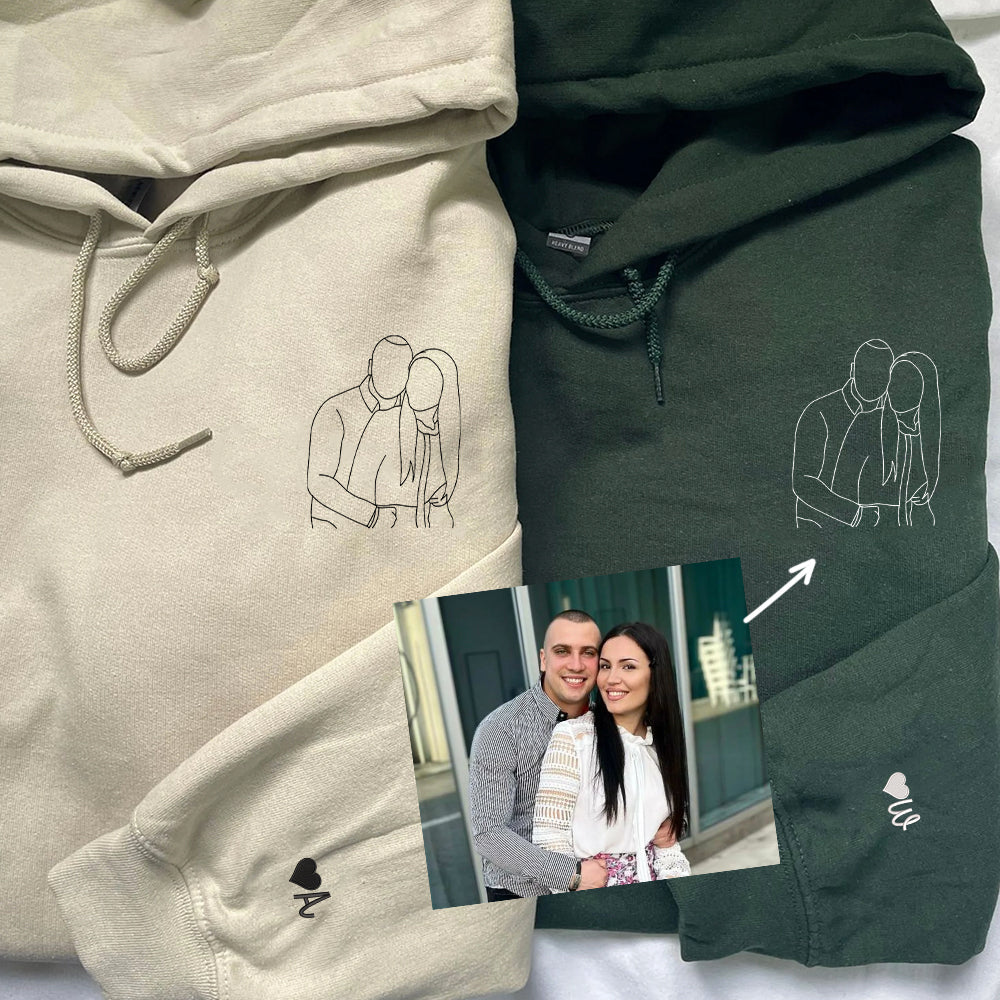 Custom Embroidered Couple Portrait Sweatshirt - Personalized Line Art Photo Hoodie