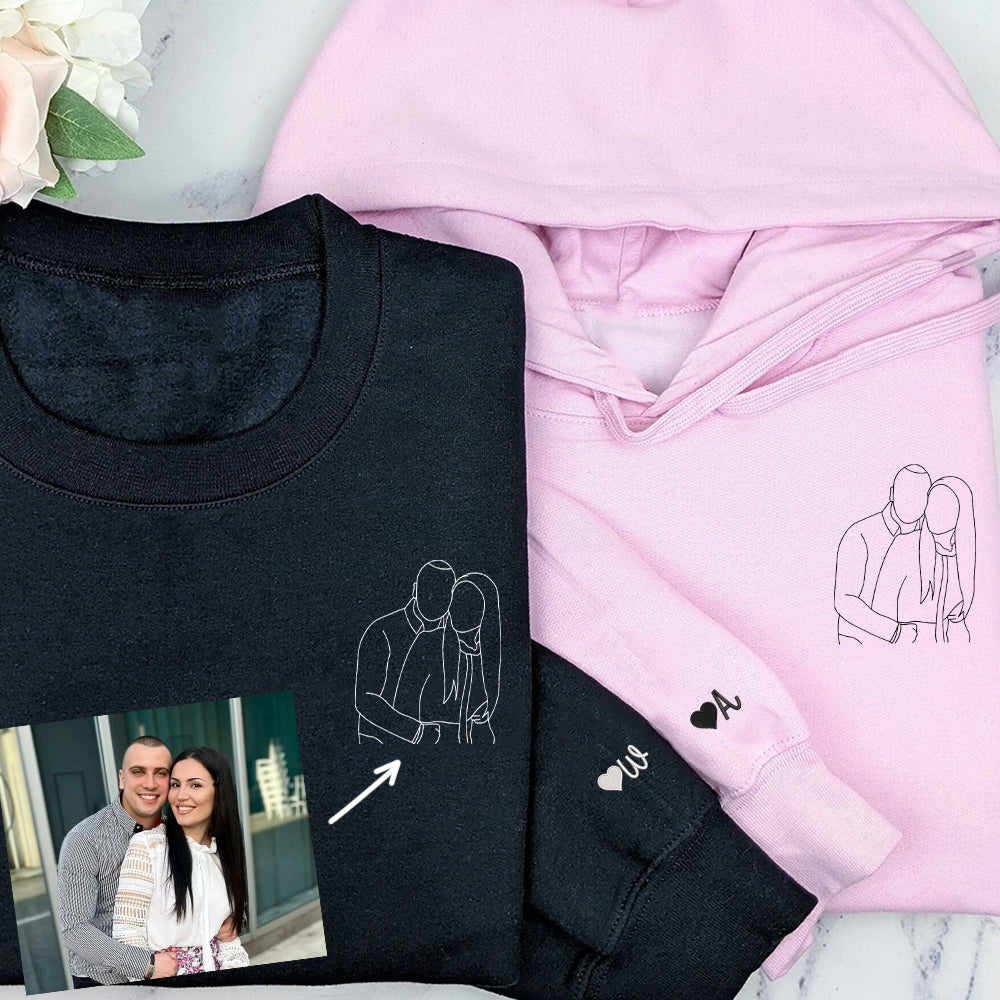 Custom Embroidered Couple Portrait Sweatshirt - Personalized Line Art Photo Hoodie