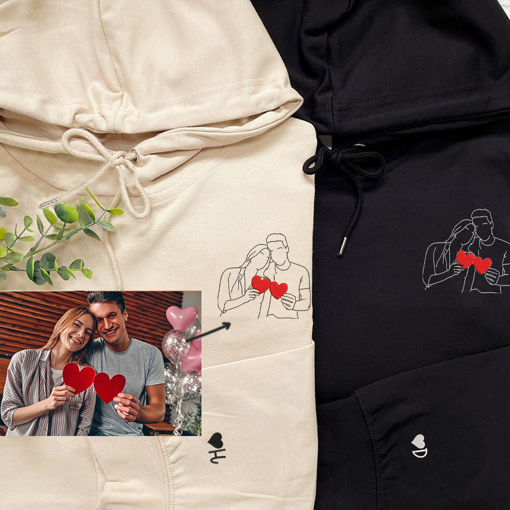Custom Embroidered Photo Portrait Sweatshirt - Personalized Outline Couple Crewneck