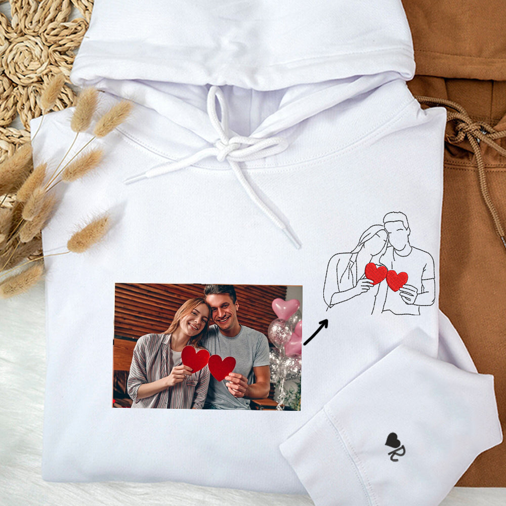 Custom Embroidered Photo Portrait Sweatshirt - Personalized Outline Couple Crewneck