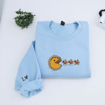 Custom Embroidered Turkey Chasing Pumpkin Pie Hoodie - Funny Thanksgiving Sweatshirt