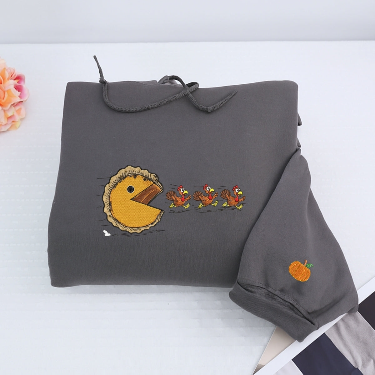 Custom Embroidered Turkey Chasing Pumpkin Pie Hoodie - Funny Thanksgiving Sweatshirt