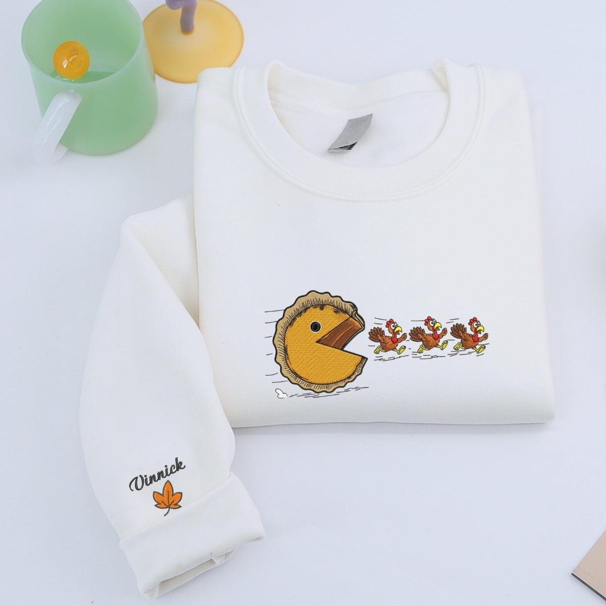Custom Embroidered Turkey Chasing Pumpkin Pie Hoodie - Funny Thanksgiving Sweatshirt