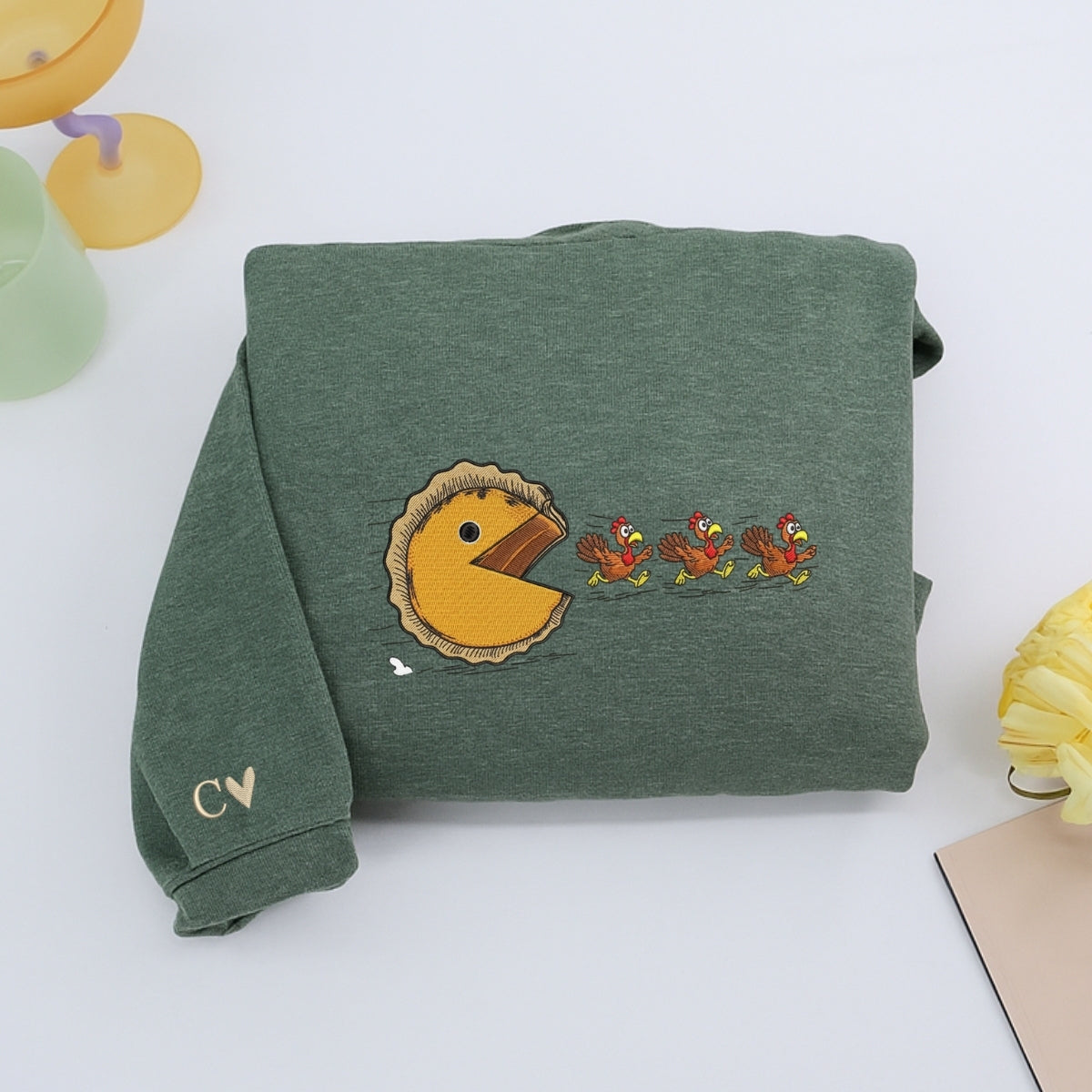 Custom Embroidered Turkey Chasing Pumpkin Pie Hoodie - Funny Thanksgiving Sweatshirt