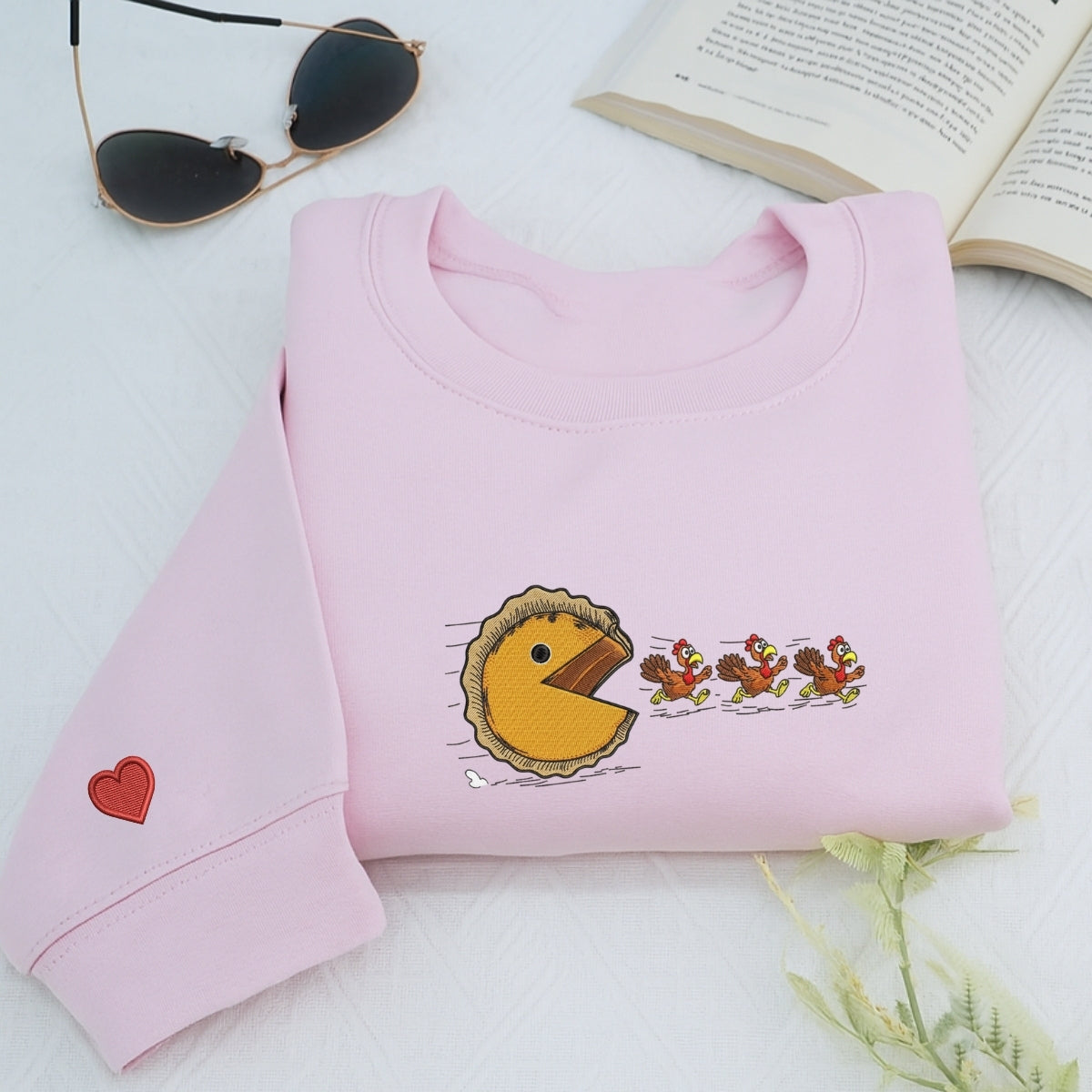 Custom Embroidered Turkey Chasing Pumpkin Pie Hoodie - Funny Thanksgiving Sweatshirt