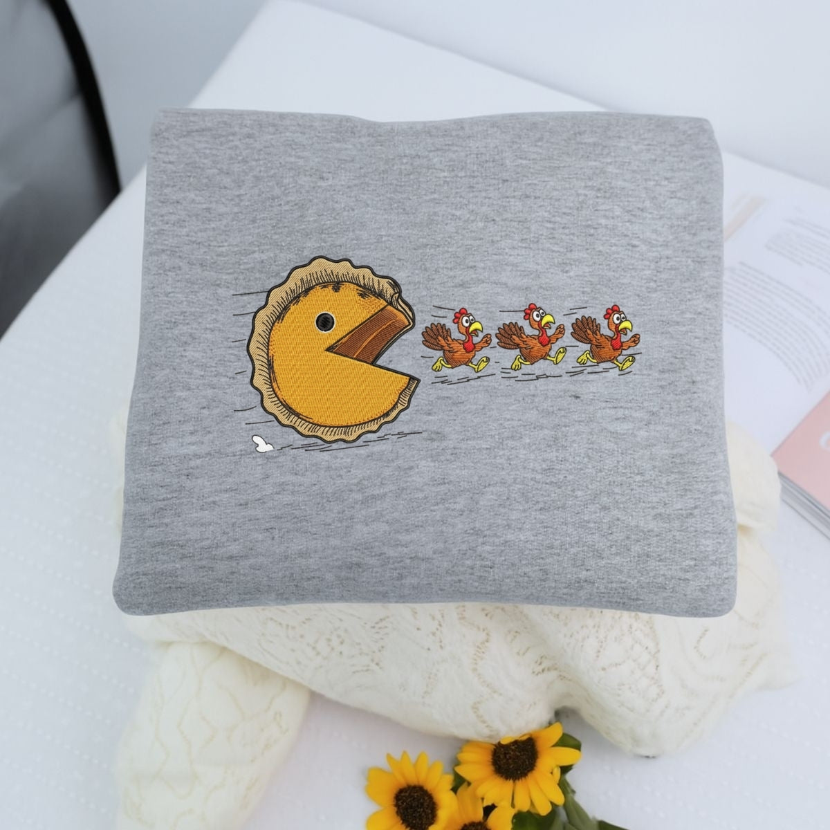 Custom Embroidered Turkey Chasing Pumpkin Pie Hoodie - Funny Thanksgiving Sweatshirt