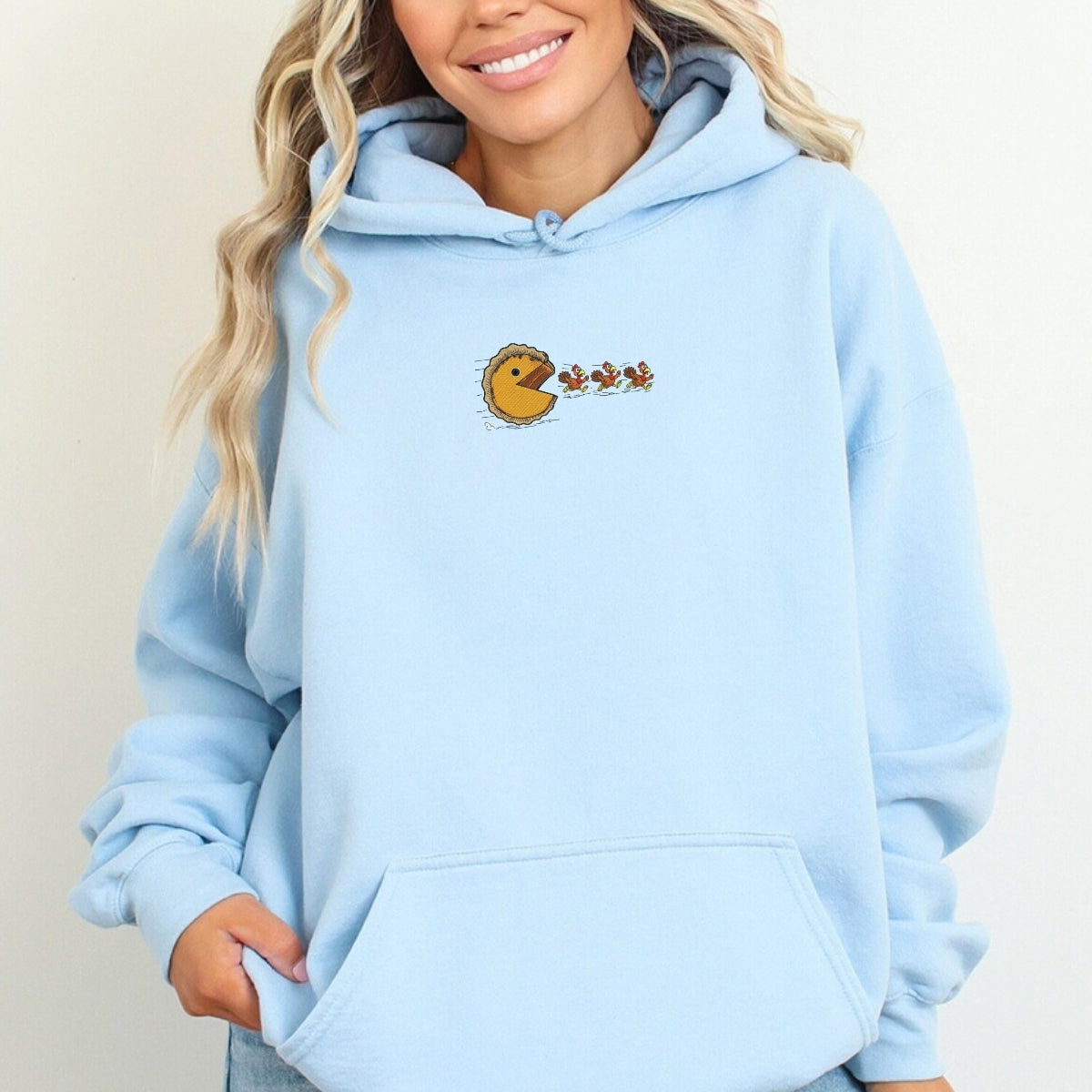 Custom Embroidered Turkey Chasing Pumpkin Pie Hoodie - Funny Thanksgiving Sweatshirt