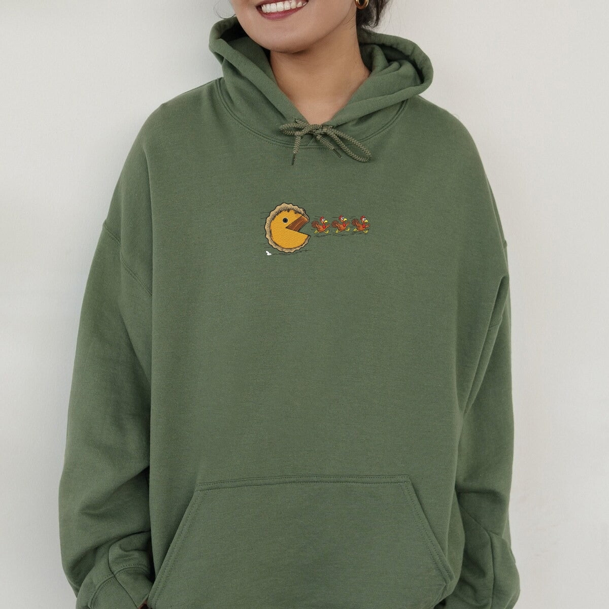 Custom Embroidered Turkey Chasing Pumpkin Pie Hoodie - Funny Thanksgiving Sweatshirt