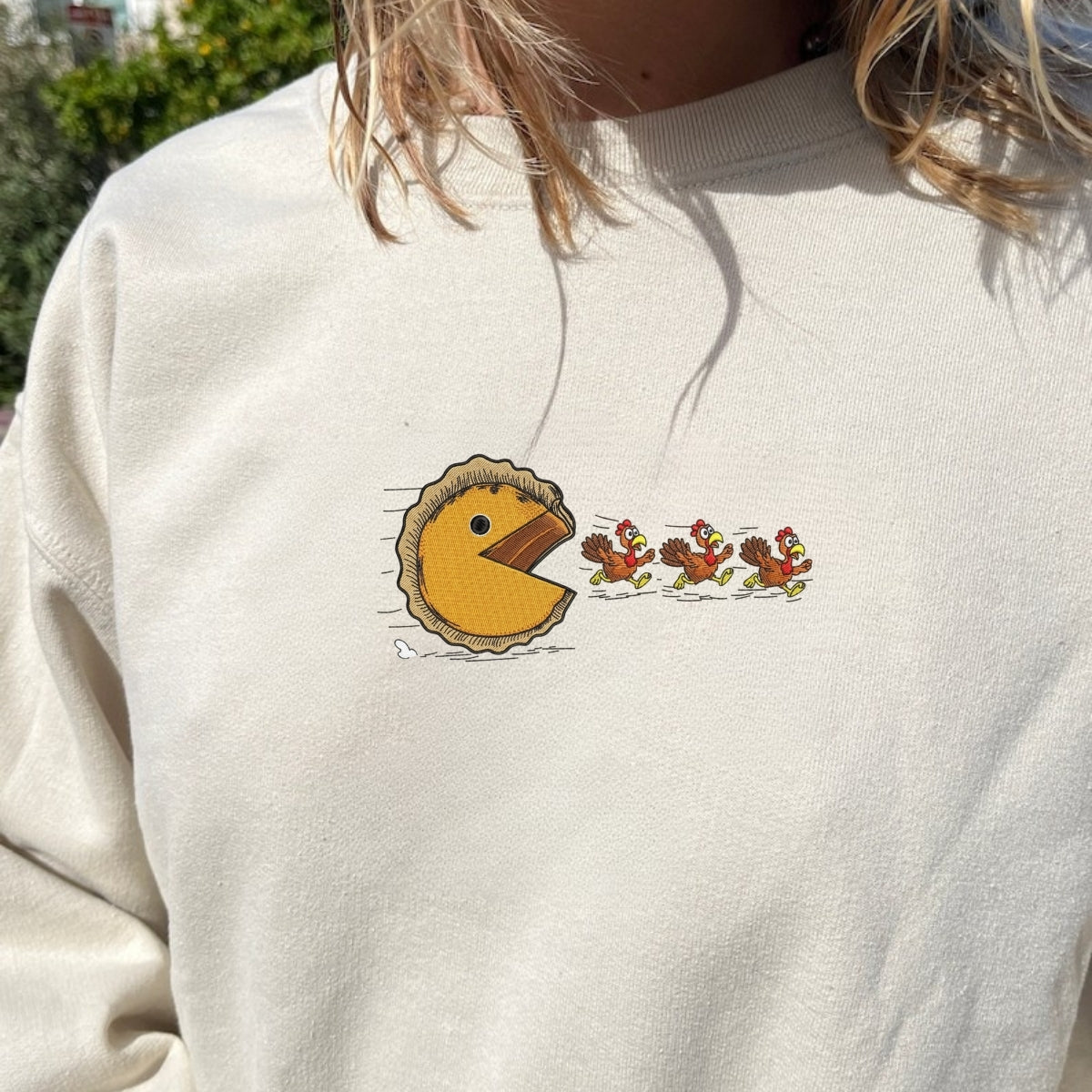 Custom Embroidered Turkey Chasing Pumpkin Pie Hoodie - Funny Thanksgiving Sweatshirt