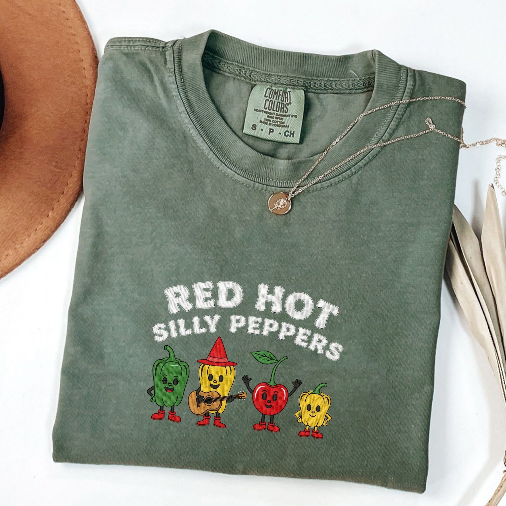 Red Hot Silly Peppers Custom Embroidered T-Shirt - Funny Chili Meme Music Band Gift