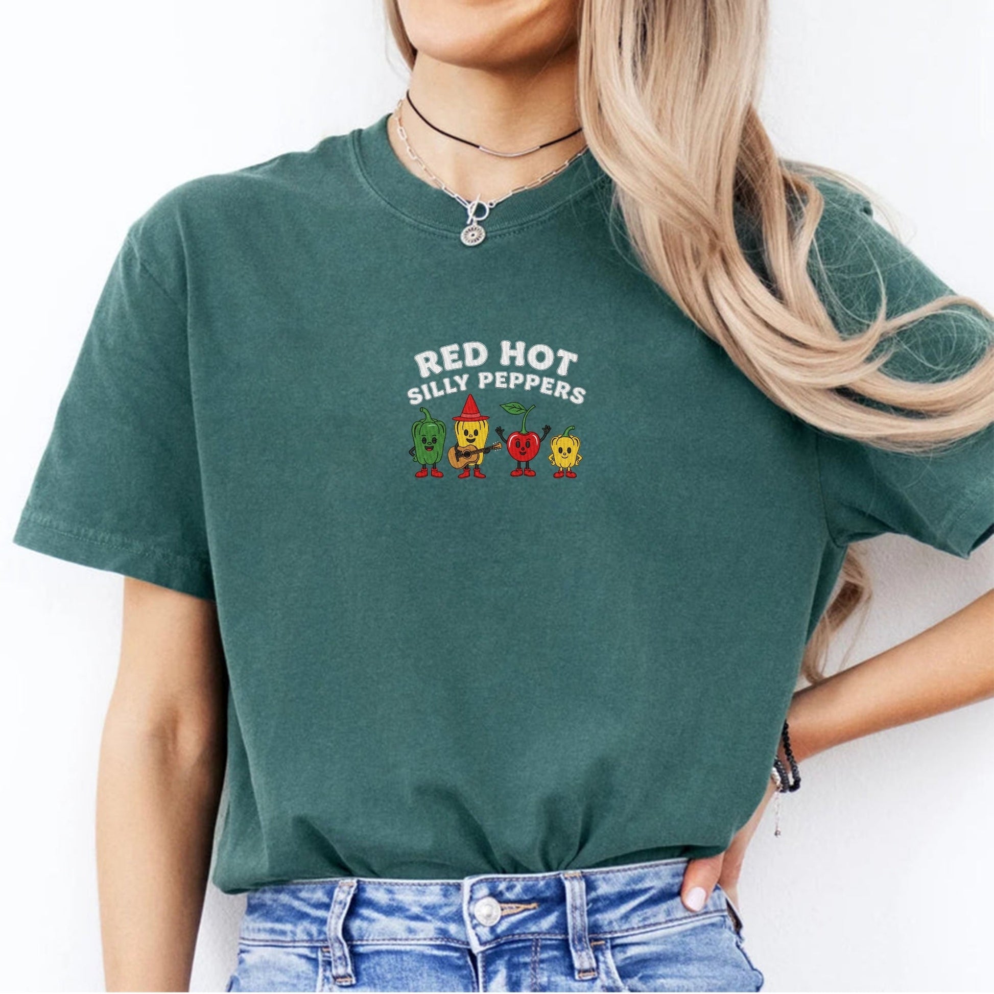 Red Hot Silly Peppers Custom Embroidered T-Shirt - Funny Chili Meme Music Band Gift