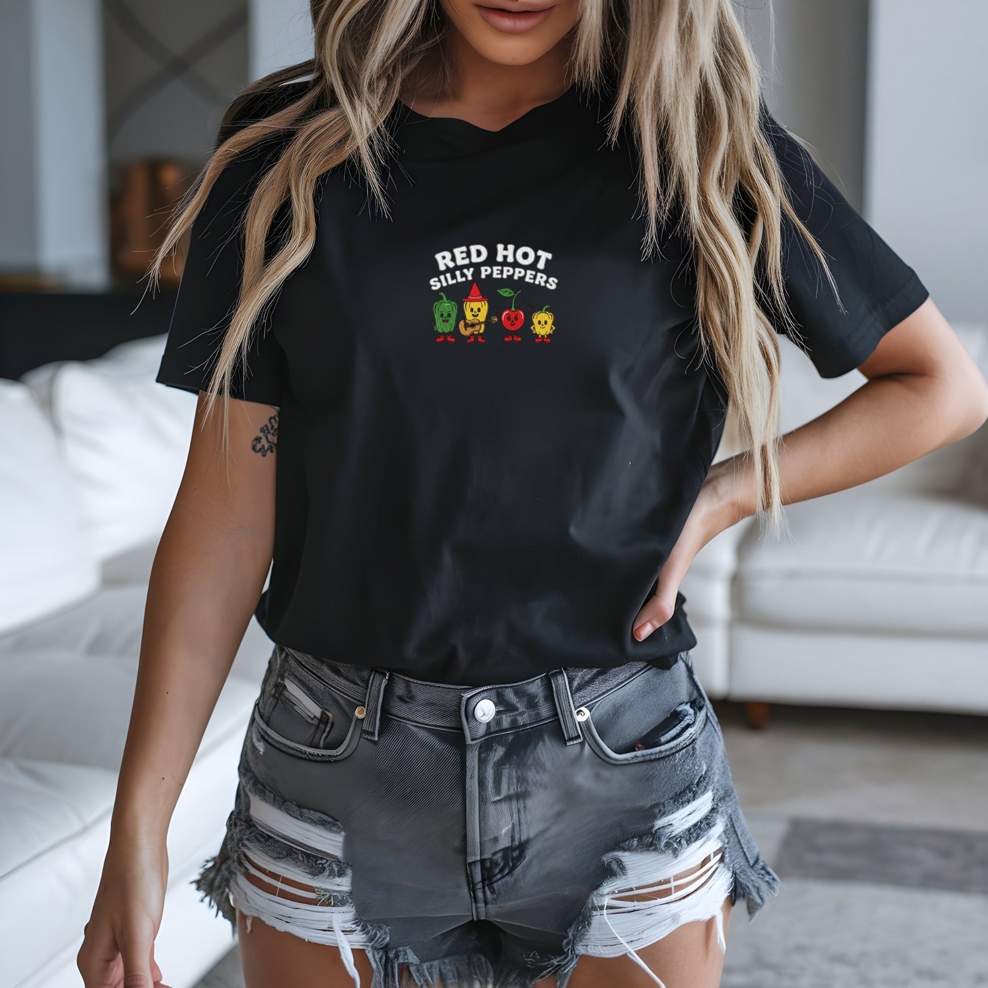 Red Hot Silly Peppers Custom Embroidered T-Shirt - Funny Chili Meme Music Band Gift
