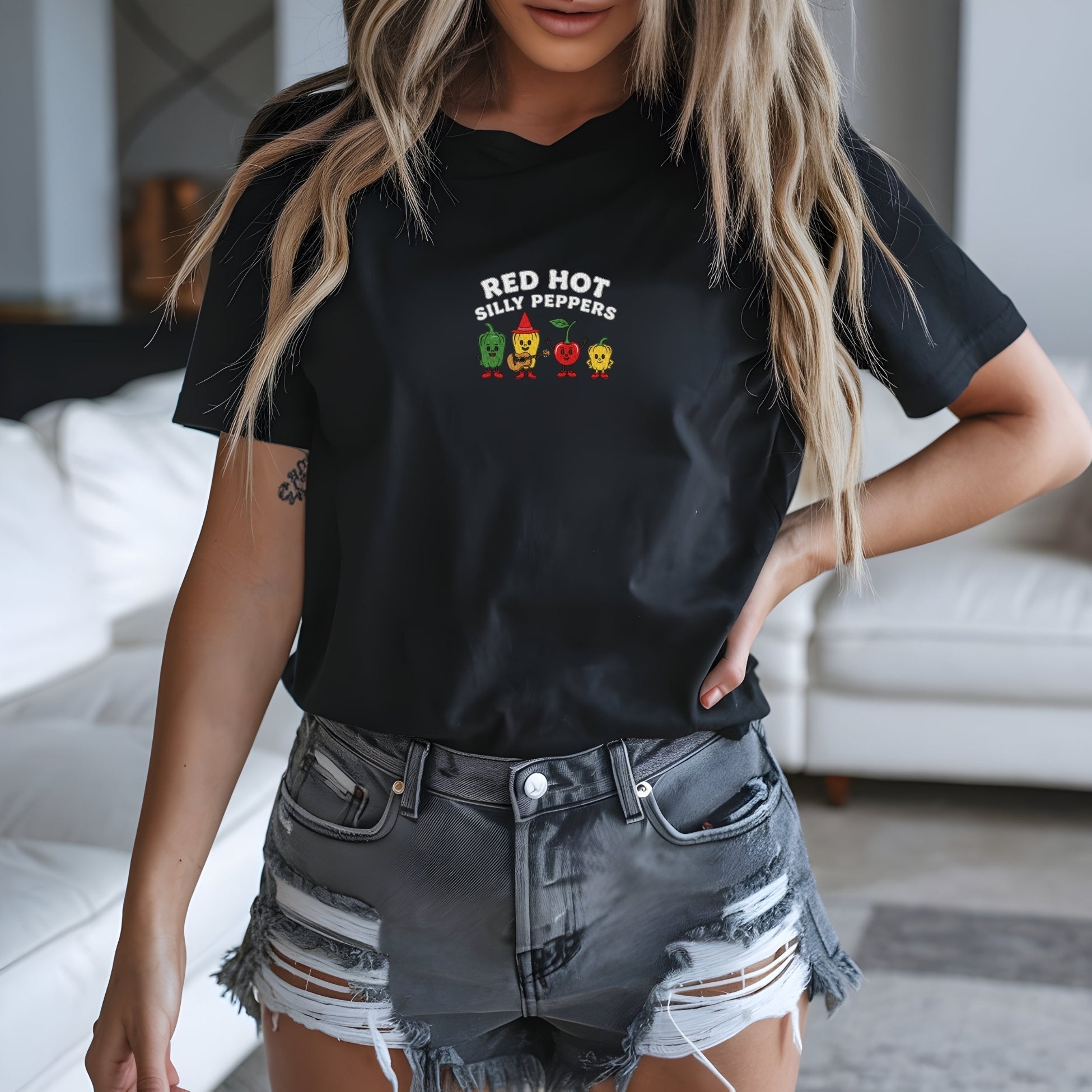 Red Hot Silly Peppers Custom Embroidered T-Shirt - Funny Chili Meme Music Band Gift