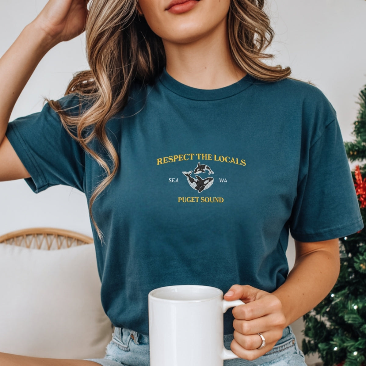 Respect The Locals Custom Embroidered Orcas T-Shirt - Seattle Washington Gift