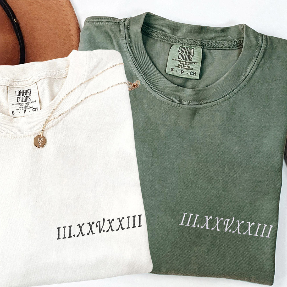 Roman Numeral Custom Embroidered Matching Couple T-Shirts - Personalized Anniversary Gift
