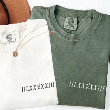 Roman Numeral Custom Embroidered Matching Couple T-Shirts - Personalized Anniversary Gift
