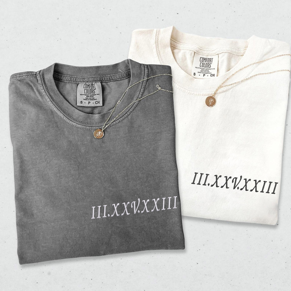 Roman Numeral Custom Embroidered Matching Couple T-Shirts - Personalized Anniversary Gift