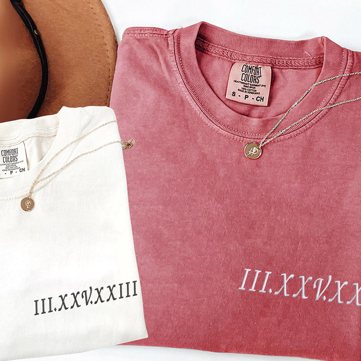 Roman Numeral Custom Embroidered Matching Couple T-Shirts - Personalized Anniversary Gift