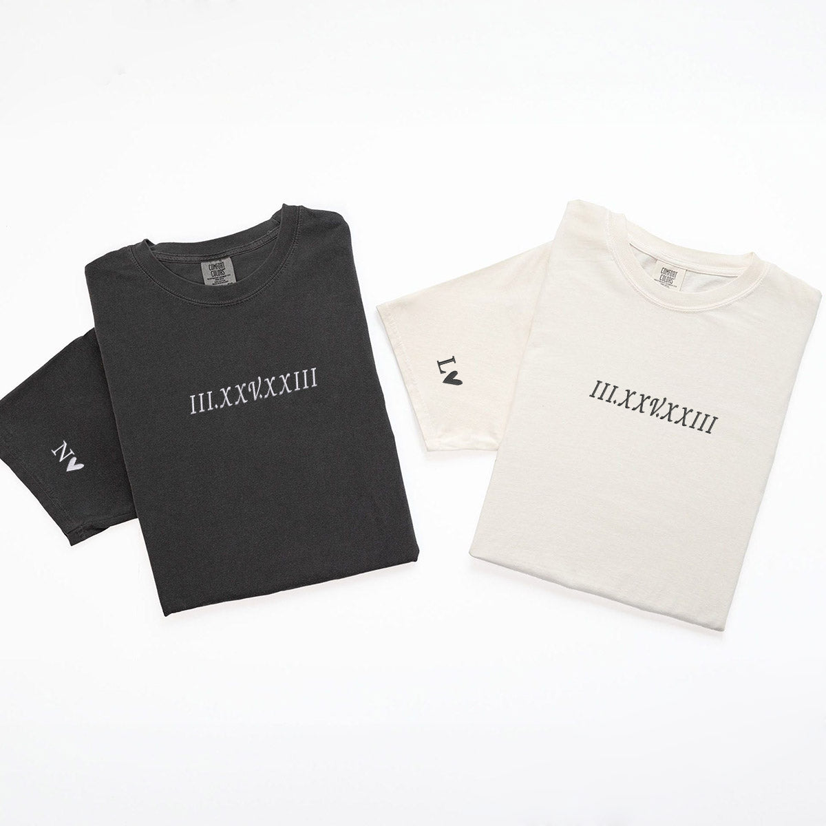 Roman Numeral Custom Embroidered Matching Couple T-Shirts - Personalized Anniversary Gift