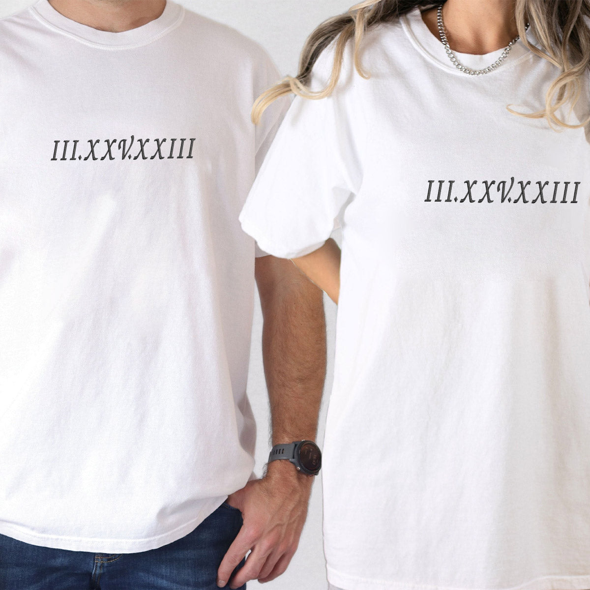 Roman Numeral Custom Embroidered Matching Couple T-Shirts - Personalized Anniversary Gift