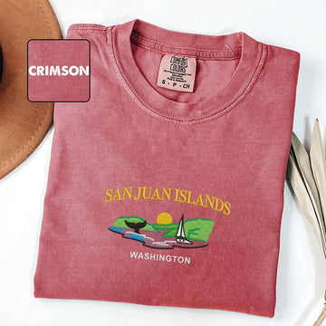 San Juan Islands WA Custom Embroidered T-Shirt - Sailboat Orcas Coastal Gift