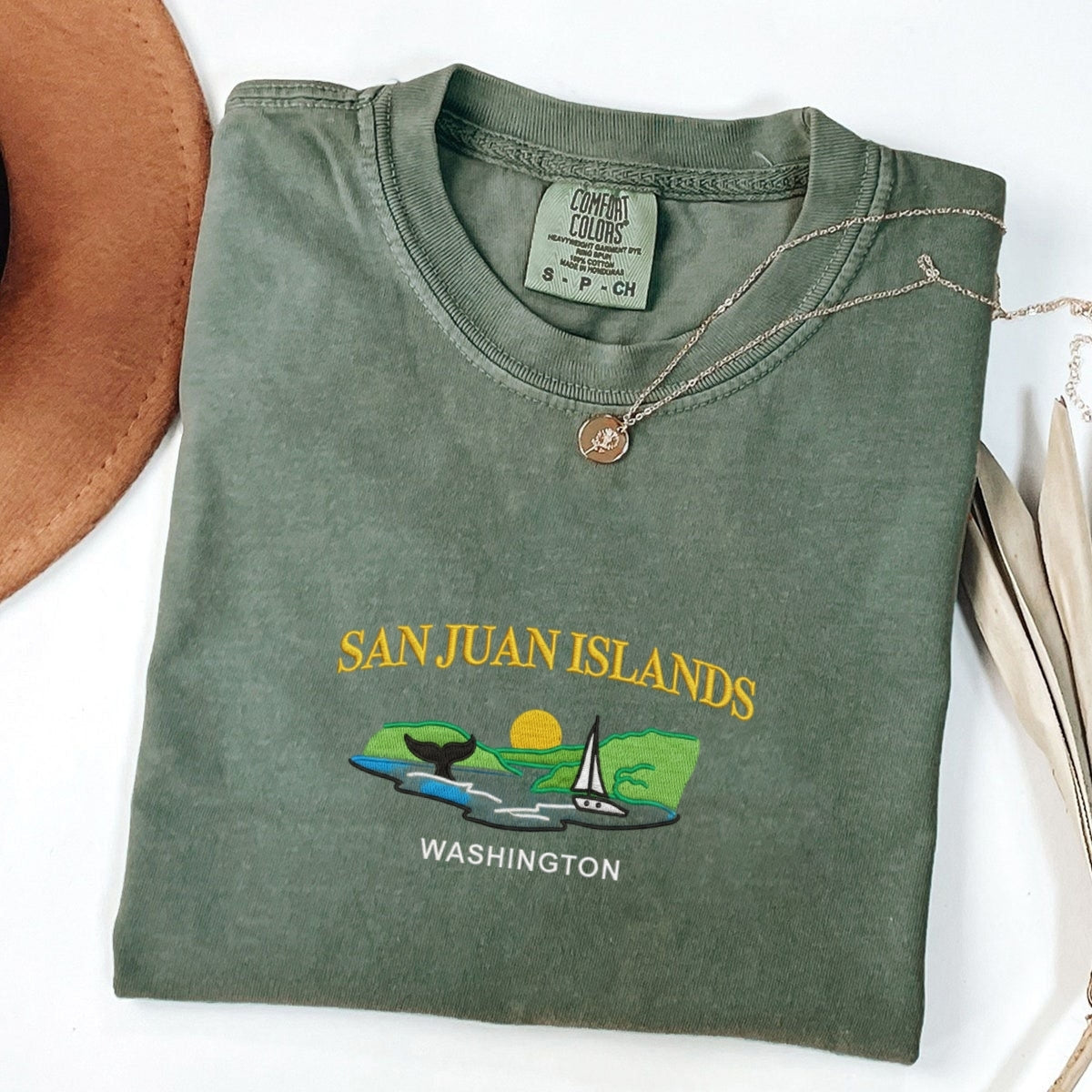 San Juan Islands WA Custom Embroidered T-Shirt - Sailboat Orcas Coastal Gift