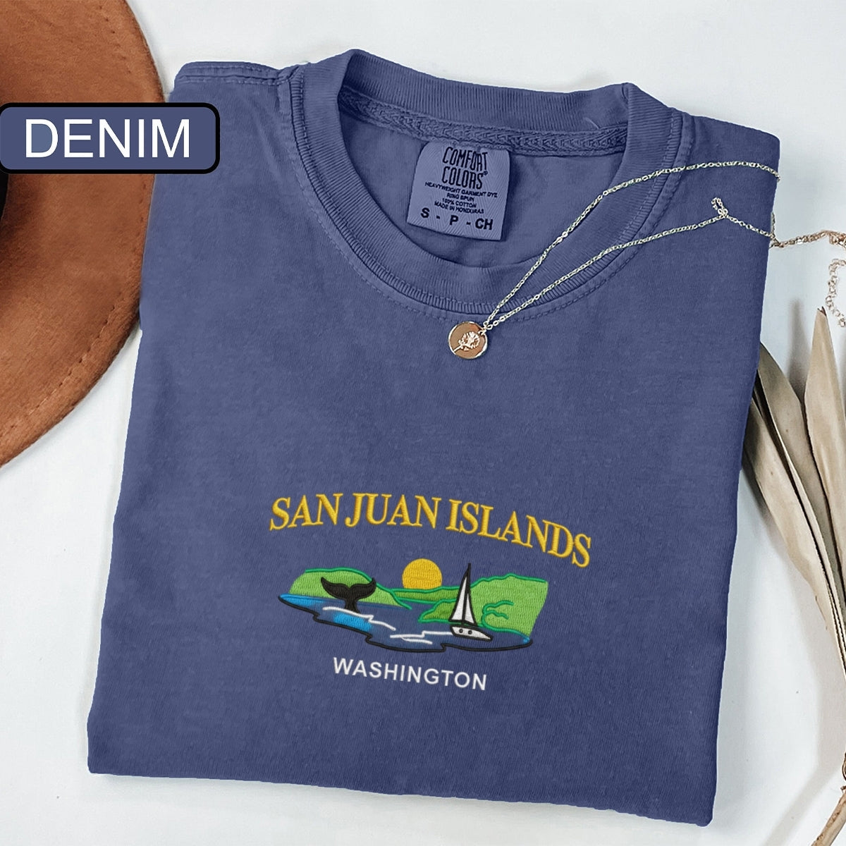 San Juan Islands WA Custom Embroidered T-Shirt - Sailboat Orcas Coastal Gift