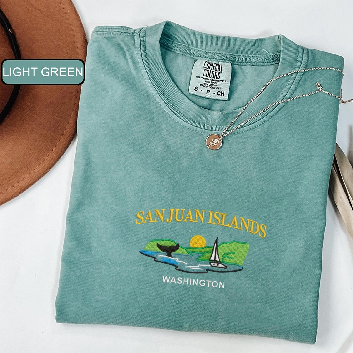 San Juan Islands WA Custom Embroidered T-Shirt - Sailboat Orcas Coastal Gift