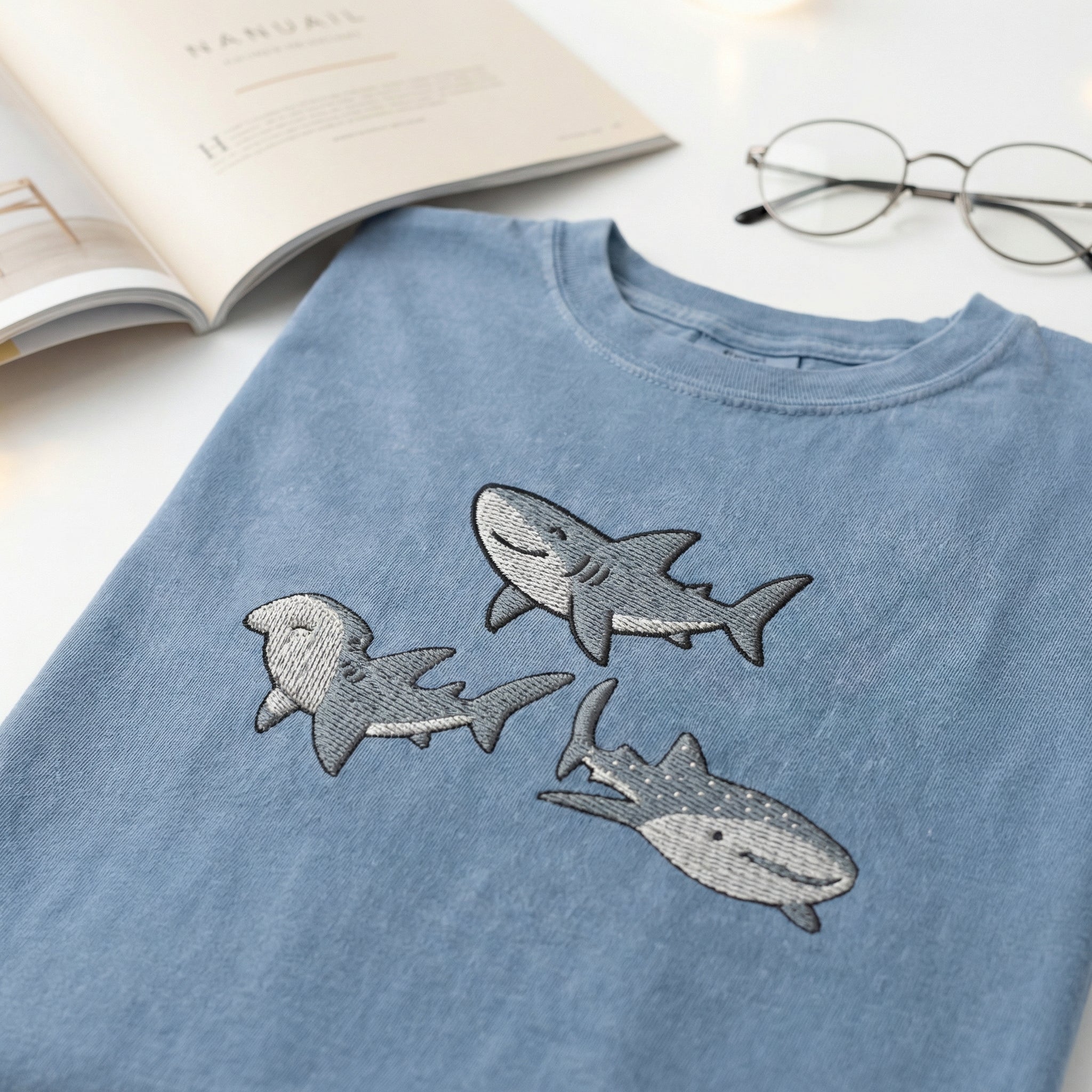 Sharks Custom Embroidered T-Shirt - Cute Ocean Animal Marine Life Gift
